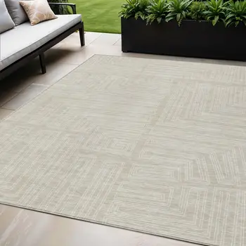5' X 8' Beige And Ivory Geometric Washable Indoor Outdoor Area Rug