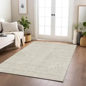 5' X 8' Beige And Ivory Geometric Washable Indoor Outdoor Area Rug