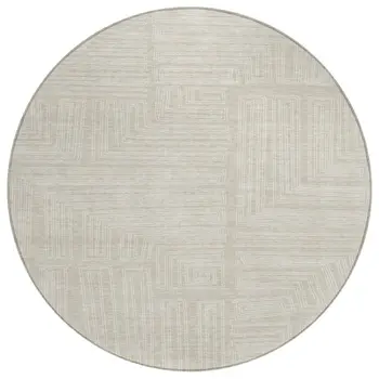 8' Beige And Ivory Round Geometric Washable Indoor Outdoor Area Rug