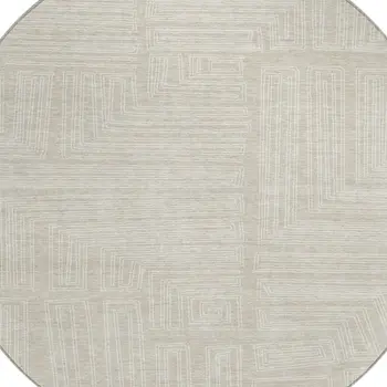 8' Beige And Ivory Round Geometric Washable Indoor Outdoor Area Rug