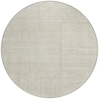 8' Beige And Ivory Round Geometric Washable Indoor Outdoor Area Rug