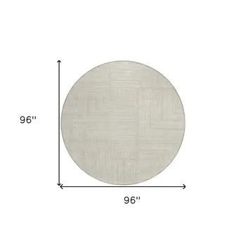 8' Beige And Ivory Round Geometric Washable Indoor Outdoor Area Rug