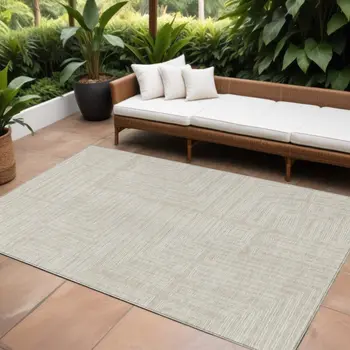 9' X 12' Beige And Ivory Geometric Washable Indoor Outdoor Area Rug