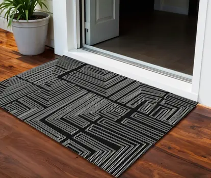 3' X 5' Black And Ivory Geometric Washable Indoor Outdoor Area Rug
