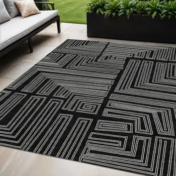 5' X 8' Black And Ivory Geometric Washable Indoor Outdoor Area Rug
