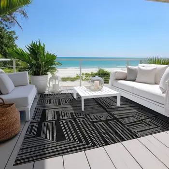 5' X 8' Black And Ivory Geometric Washable Indoor Outdoor Area Rug