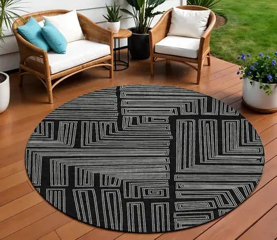 8' Black And Ivory Round Geometric Washable Indoor Outdoor Area Rug