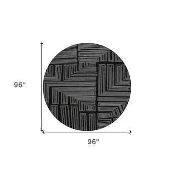 8' Black And Ivory Round Geometric Washable Indoor Outdoor Area Rug
