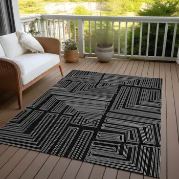 9' X 12' Black And Ivory Geometric Washable Indoor Outdoor Area Rug