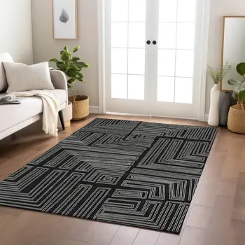 9' X 12' Black And Ivory Geometric Washable Indoor Outdoor Area Rug