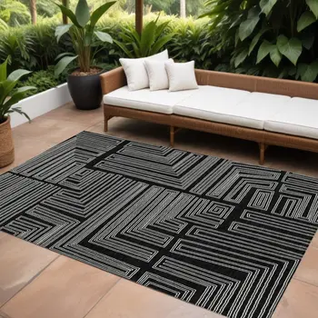 10' X 14' Black And Ivory Geometric Washable Indoor Outdoor Area Rug