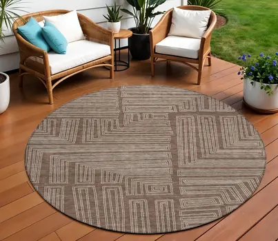 8' Brown And Ivory Round Geometric Washable Indoor Outdoor Area Rug