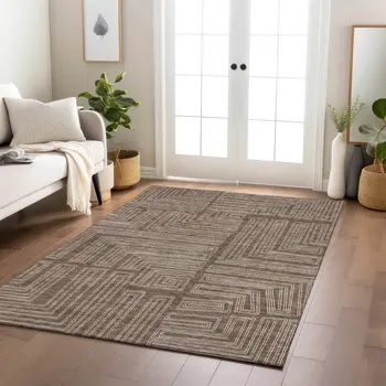 9' X 12' Brown And Ivory Geometric Washable Indoor Outdoor Area Rug