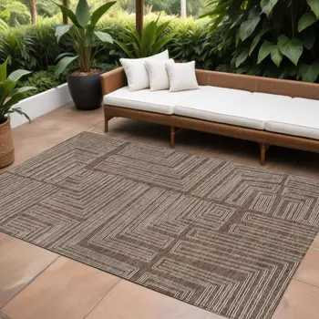 10' X 14' Brown And Ivory Geometric Washable Indoor Outdoor Area Rug