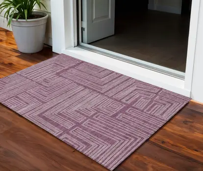 3' X 5' Eggplant And Ivory Geometric Washable Indoor Outdoor Area Rug
