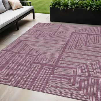 5' X 8' Eggplant And Ivory Geometric Washable Indoor Outdoor Area Rug