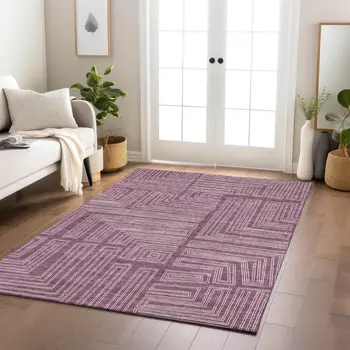 5' X 8' Eggplant And Ivory Geometric Washable Indoor Outdoor Area Rug