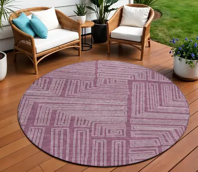 8' Eggplant And Ivory Round Geometric Washable Indoor Outdoor Area Rug
