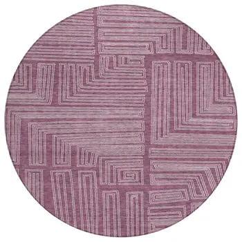8' Eggplant And Ivory Round Geometric Washable Indoor Outdoor Area Rug