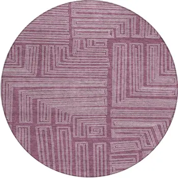 8' Eggplant And Ivory Round Geometric Washable Indoor Outdoor Area Rug