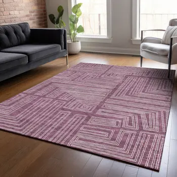 8' X 10' Eggplant And Ivory Geometric Washable Indoor Outdoor Area Rug