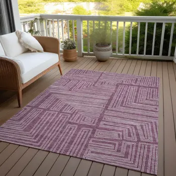 9' X 12' Eggplant And Ivory Geometric Washable Indoor Outdoor Area Rug