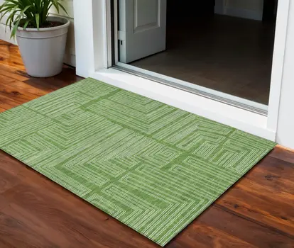 3' X 5' Green And Ivory Geometric Washable Indoor Outdoor Area Rug