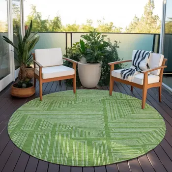 8' Green And Ivory Round Geometric Washable Indoor Outdoor Area Rug