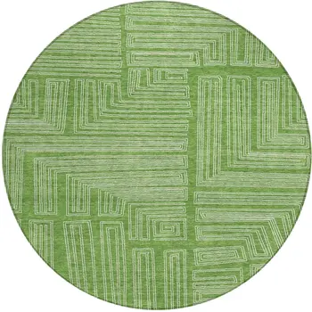 8' Green And Ivory Round Geometric Washable Indoor Outdoor Area Rug