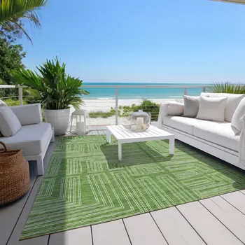 9' X 12' Green And Ivory Geometric Washable Indoor Outdoor Area Rug