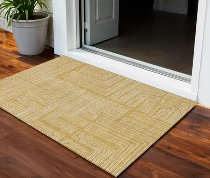 3' X 5' Gold And Ivory Geometric Washable Indoor Outdoor Area Rug