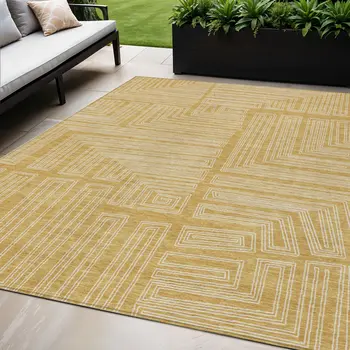 5' X 8' Gold And Ivory Geometric Washable Indoor Outdoor Area Rug