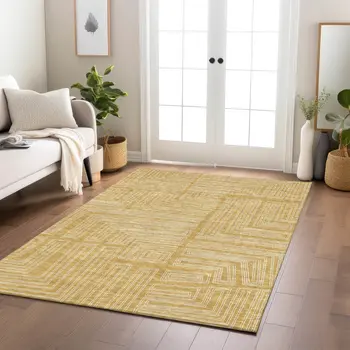 5' X 8' Gold And Ivory Geometric Washable Indoor Outdoor Area Rug