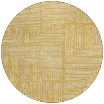 8' Gold And Ivory Round Geometric Washable Indoor Outdoor Area Rug