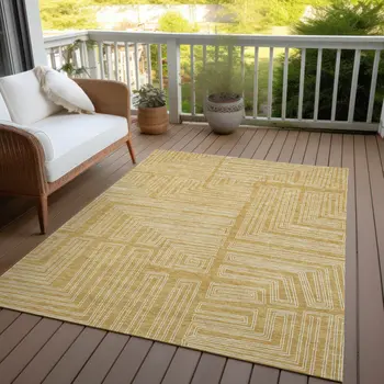 8' X 10' Gold And Ivory Geometric Washable Indoor Outdoor Area Rug