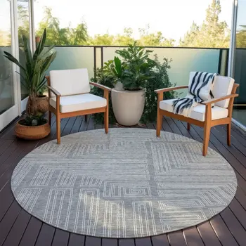 8' Gray And Ivory Round Geometric Washable Indoor Outdoor Area Rug