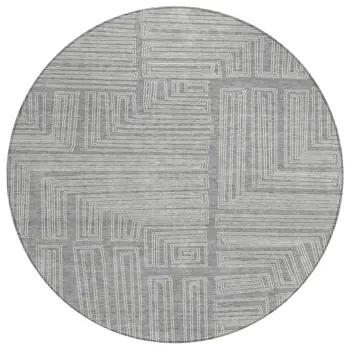 8' Gray And Ivory Round Geometric Washable Indoor Outdoor Area Rug