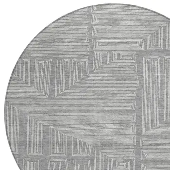 8' Gray And Ivory Round Geometric Washable Indoor Outdoor Area Rug