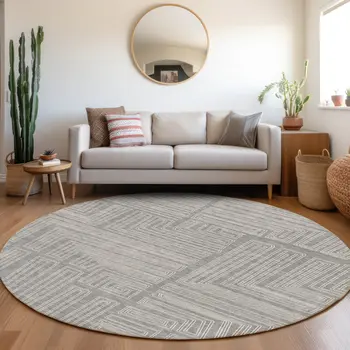 8' Gray And Ivory Round Geometric Washable Indoor Outdoor Area Rug