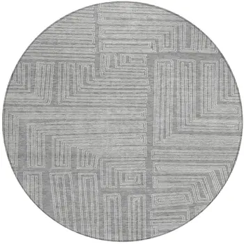 8' Gray And Ivory Round Geometric Washable Indoor Outdoor Area Rug