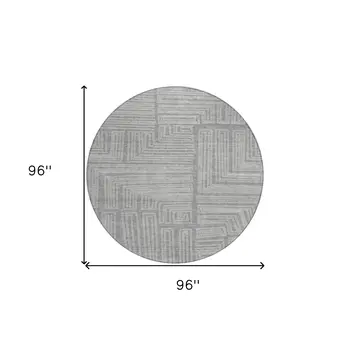 8' Gray And Ivory Round Geometric Washable Indoor Outdoor Area Rug