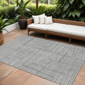 9' X 12' Gray And Ivory Geometric Washable Indoor Outdoor Area Rug