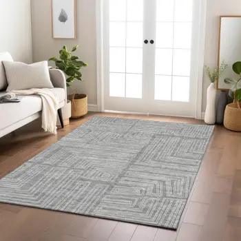 10' X 14' Gray And Ivory Geometric Washable Indoor Outdoor Area Rug