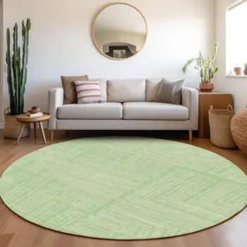 8' Mint Green And Ivory Round Geometric Washable Indoor Outdoor Area Rug
