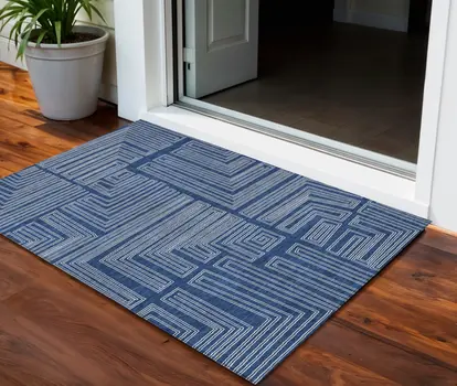3' X 5' Navy Blue And Ivory Geometric Washable Indoor Outdoor Area Rug