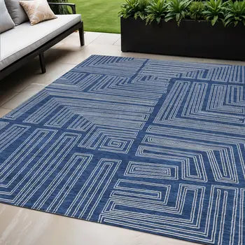 5' X 8' Navy Blue And Ivory Geometric Washable Indoor Outdoor Area Rug