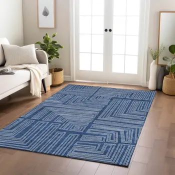 5' X 8' Navy Blue And Ivory Geometric Washable Indoor Outdoor Area Rug