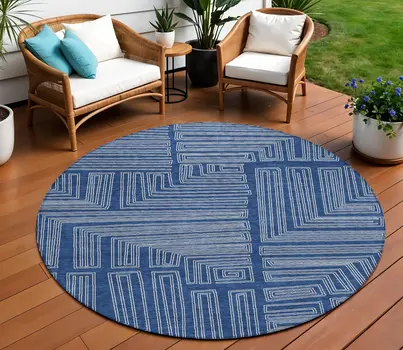 8' Navy Blue And Ivory Round Geometric Washable Indoor Outdoor Area Rug