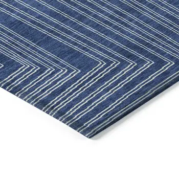8' Navy Blue And Ivory Round Geometric Washable Indoor Outdoor Area Rug