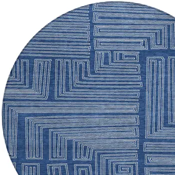 8' Navy Blue And Ivory Round Geometric Washable Indoor Outdoor Area Rug